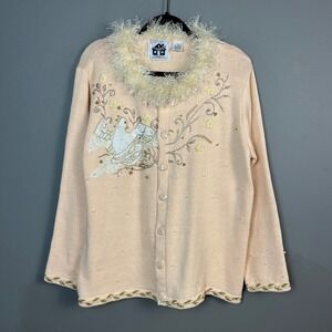 Vintage Birds Cottage 3D Flower Cardigan Storybook Knits 1X Pink Whimsical Boa